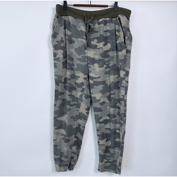 Lucky Brand Camo Linen Blend Jogger Pants Womens Size L Green Drawstring Pockets - Picture 1 of 6